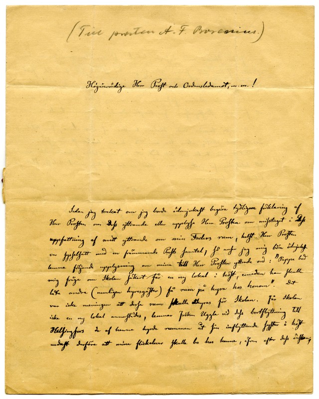 Malmin kirje A.F. Boreniukselle, jossa käsitellään koulun tiloja ja oppilaiden majoitusta.